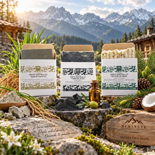 Set Sapunuri Naturale – Trio Transilvanean: Carbune, Muguri de Brad & Argila cu Ulei de Vetiver – 3x100g